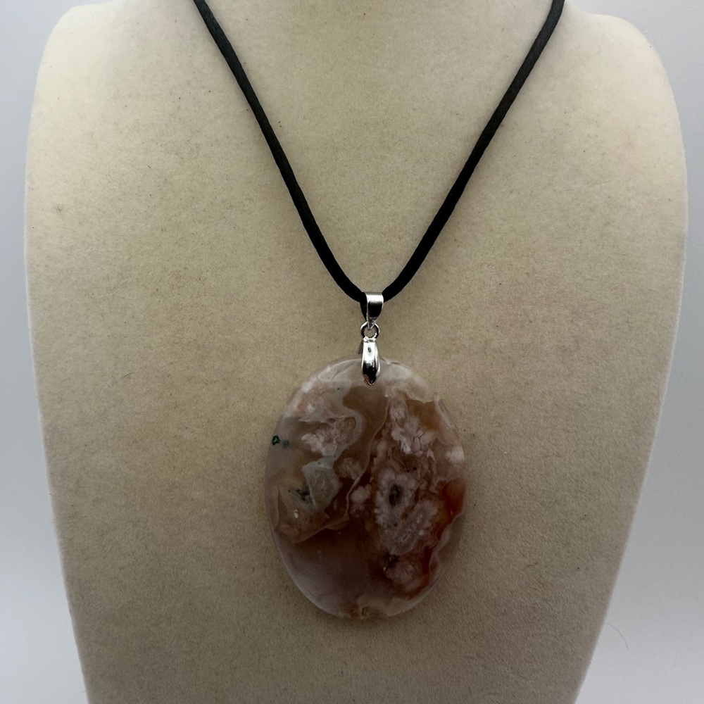 Oval Flower Agate Pendant on Satin Rope - Picture 9 of 11